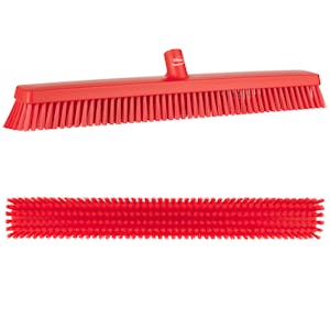 24" Red Vikan® Heavy-Duty Push Broom with Soft & Stiff Bristles