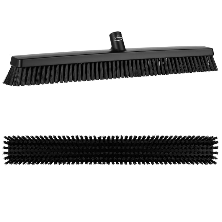 24" Black Vikan® Heavy-Duty Push Broom Head with Soft & Stiff Bristles (Handle Sold Separately)