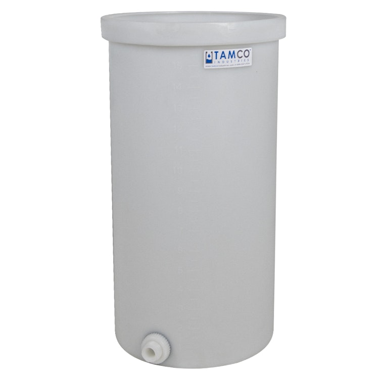 5 Gallon Natural LLDPE Cylindrical Tamco® Standard Wall Graduated Tank with External Flange & 3/4" FNPT Polypropylene Bulkhead - 11" Dia. x 14" Hgt. (Cover Sold Separately)