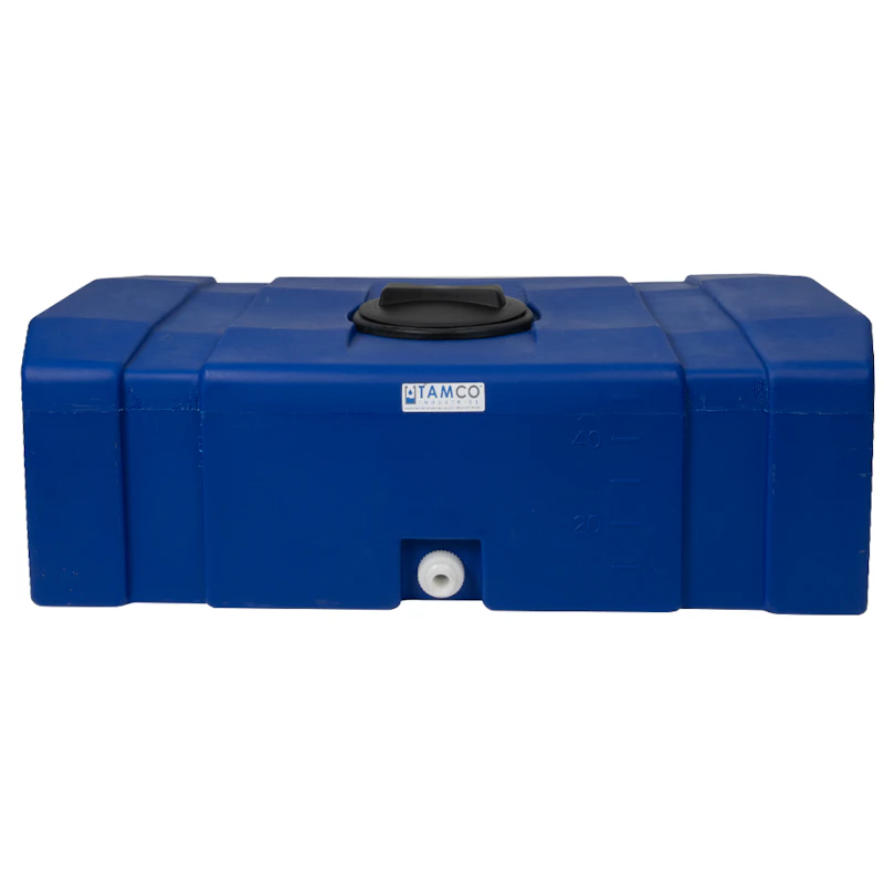 50 Gallon Blue LLDPE Tamco® Rectangular Low-Profile Graduated Tank with 8" Gasketed Lid & 3/4" Side Fitting - 46" L x 24" W x 14" Hgt.
