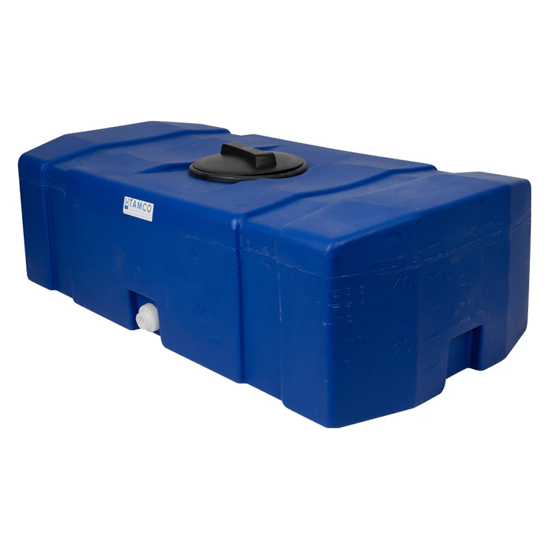 50 Gallon Blue LLDPE Tamco® Rectangular Low-Profile Graduated Tank with 8" Gasketed Lid & 3/4" Side Fitting - 46" L x 24" W x 14" Hgt.