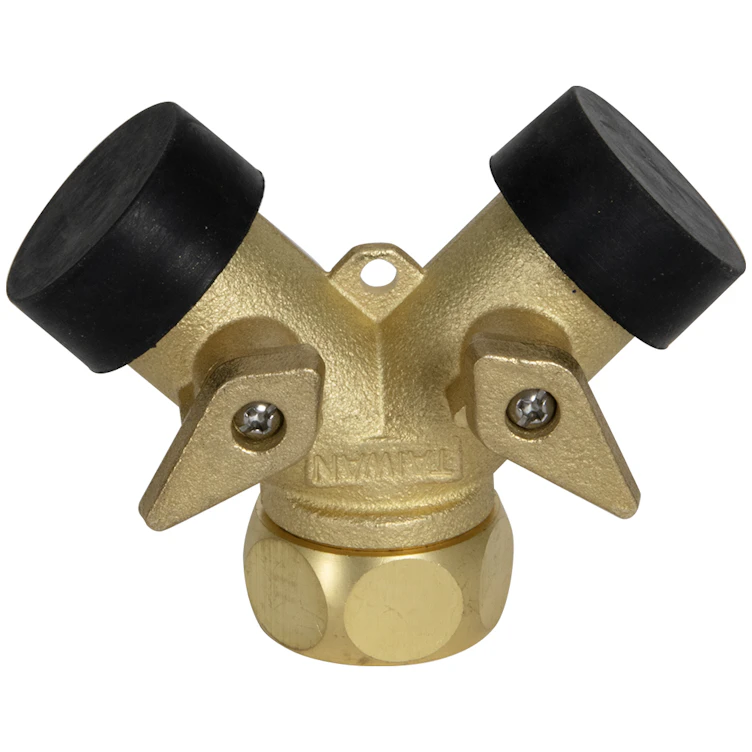 3/4" FGHT Inlet x 3/4" MGHT Outlets Forged Brass Dual Y-Style Garden Hose Shut-Off Valve