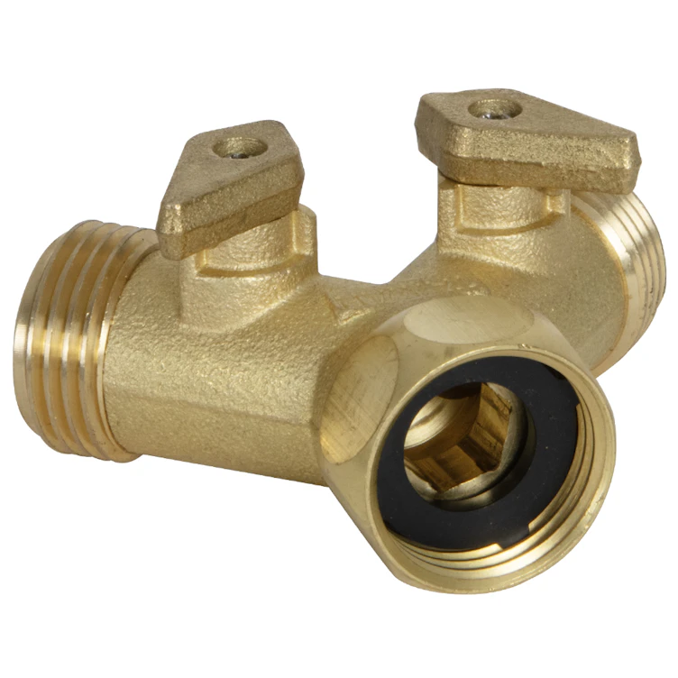 3/4" FGHT Inlet x 3/4" MGHT Outlets Forged Brass Dual Y-Style Garden Hose Shut-Off Valve