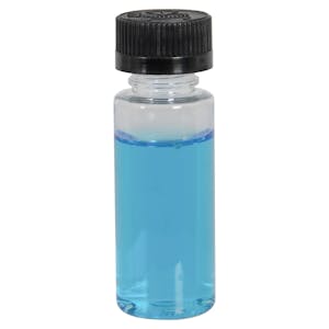 1 oz. Clear PET Cylindrical Bottle with 20/400 Black Ribbed CRC Cap with F217 Liner