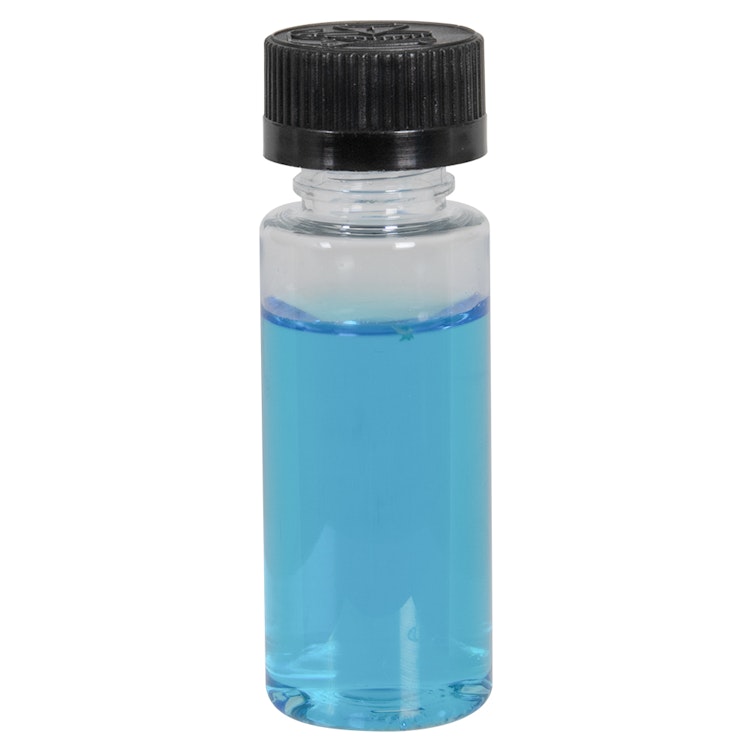 1 oz. Clear PET Cylindrical Bottle with 20/400 Black Ribbed CRC Cap with F217 Liner