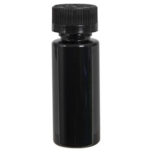 1 oz. Black PET Cylindrical Bottle with 20/400 Black Ribbed CRC Cap with F217 Liner