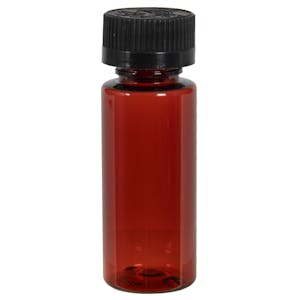 1 oz. Amber PET Cylindrical Bottle with 20/400 Black Ribbed CRC Cap with F217 Liner