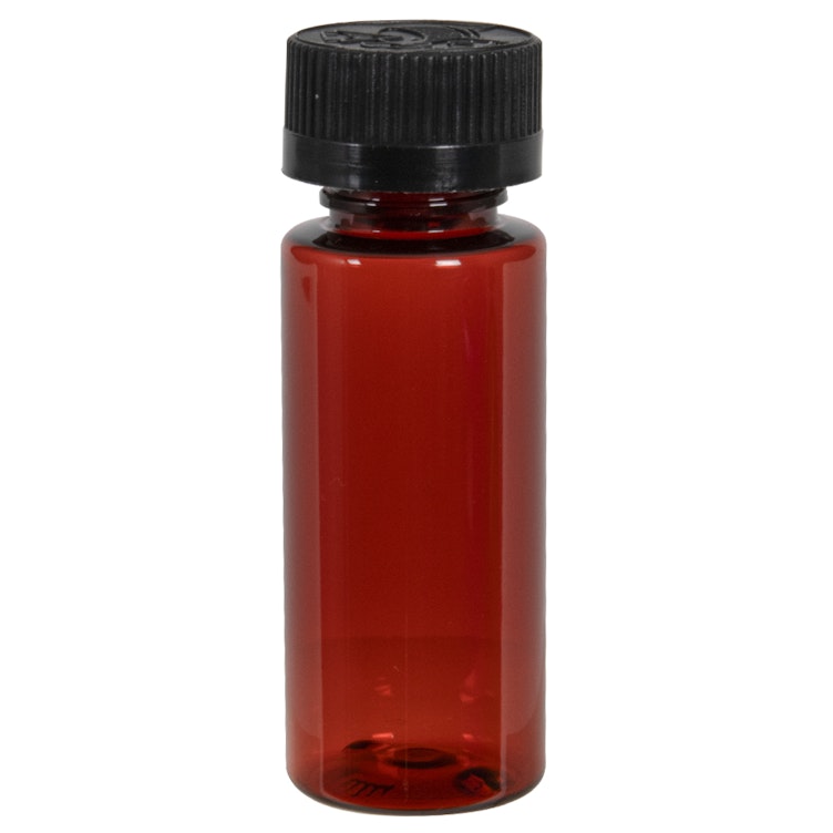 8 oz. Amber PET Cylindrical Bottle with 24/400 Black Ribbed CRC Cap with F217 Liner