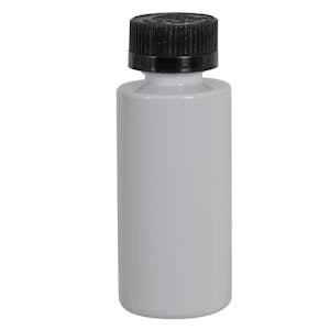 2 oz. White PET Cylindrical Bottle with 20/400 Black Ribbed CRC Cap with F217 Liner