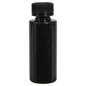 2 oz. Black PET Cylindrical Bottle with 20/400 Black Ribbed CRC Cap with F217 Liner
