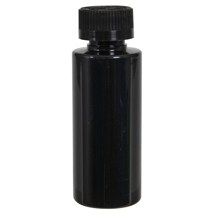2 oz. Black PET Cylindrical Bottle with 20/400 Black Ribbed CRC Cap with F217 Liner