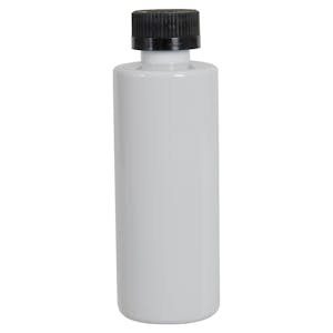 4 oz. White PET Cylindrical Bottle with 20/400 Black Ribbed CRC Cap with F217 Liner