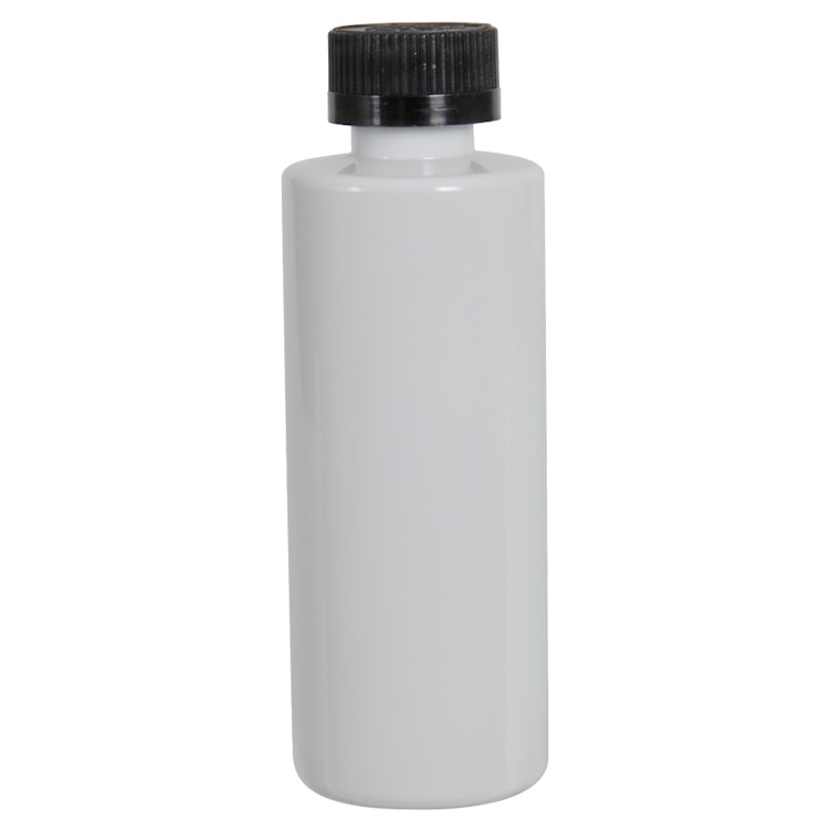 4 oz. White PET Cylindrical Bottle with 20/400 Black Ribbed CRC Cap with F217 Liner