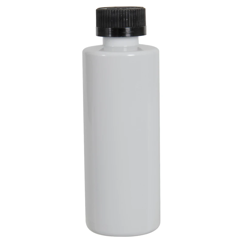4 oz. White PET Cylindrical Bottle with 20/400 Black Ribbed Child-Resistant Cap (CRC) with F217 Liner