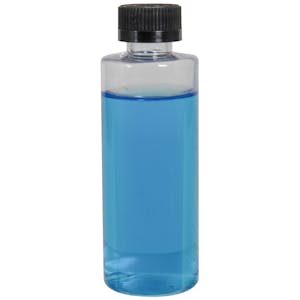 4 oz. Clear PET Cylindrical Bottle with 20/400 Black Ribbed CRC Cap with F217 Liner