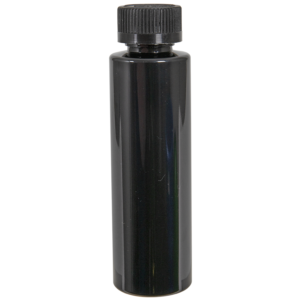 8 oz. Black PET Cylindrical Bottle with 24/400 White Ribbed CRC