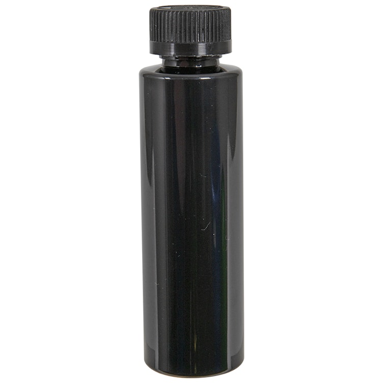 4 oz. Black PET Cylindrical Bottle with 24/400 Black Ribbed CRC Cap with F217 Liner