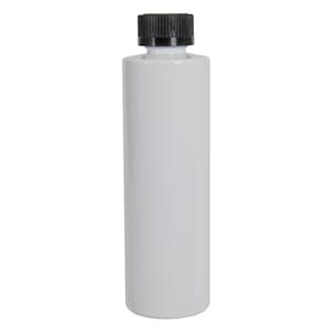 8 oz. White PET Cylindrical Bottle with 24/400 Black Ribbed CRC Cap with F217 Liner