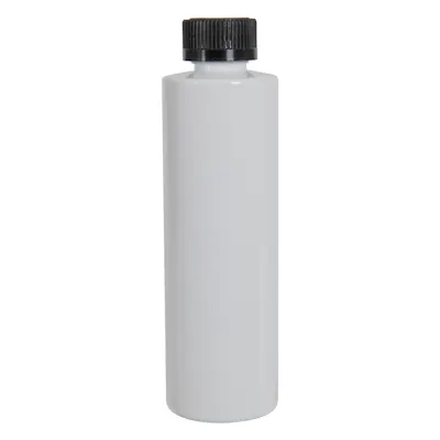 8 oz. White PET Cylindrical Bottle with 24/400 Black Ribbed CRC Cap with F217 Liner