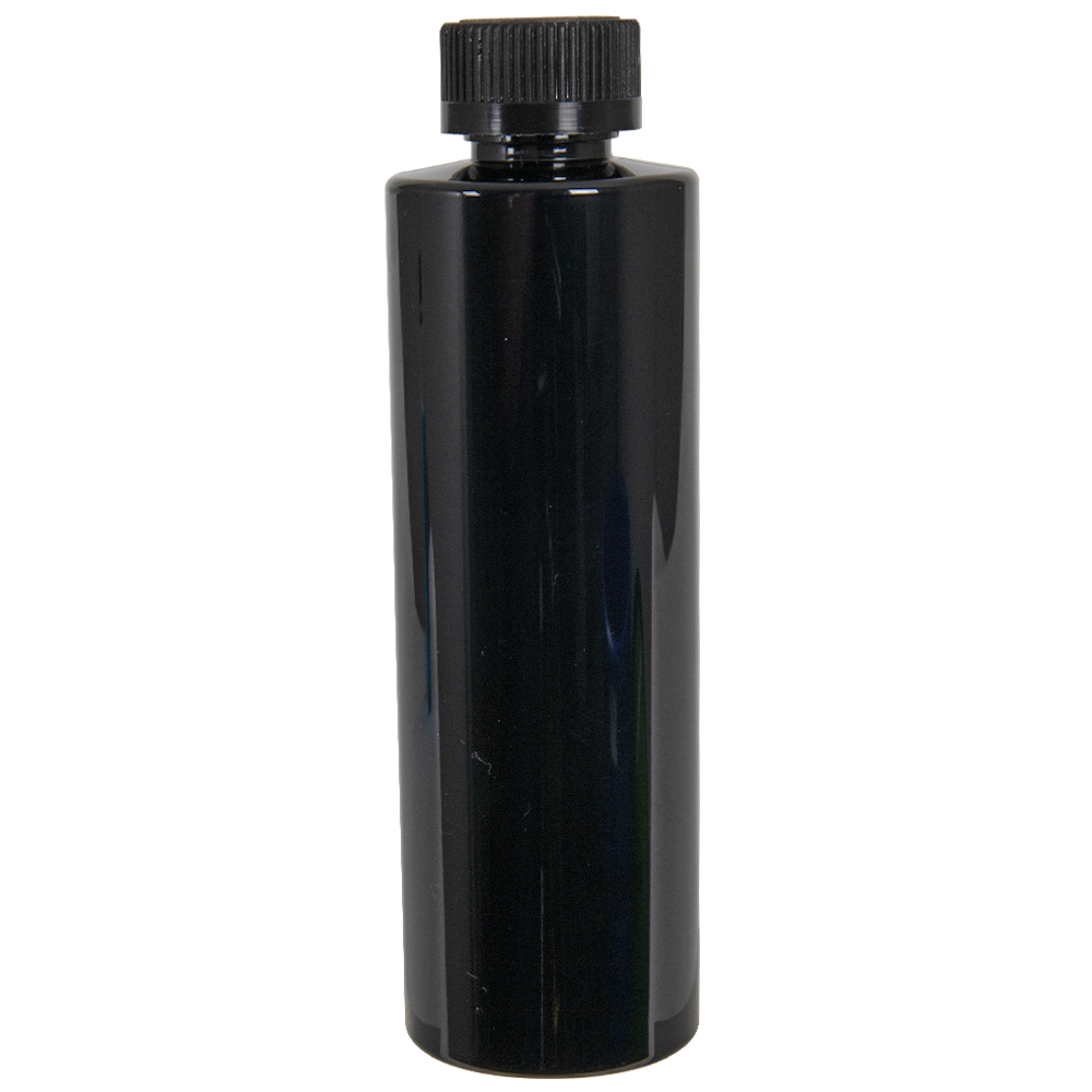 8 oz. Black PET Cylindrical Bottle with 24/400 White Ribbed