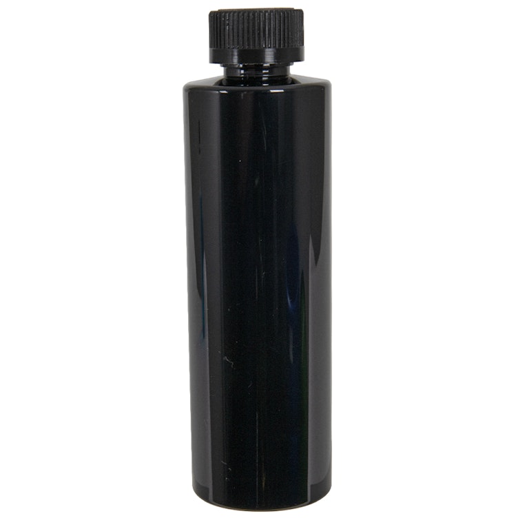 8 oz. Black PET Cylindrical Bottle with 24/400 Black Ribbed CRC Cap with F217 Liner