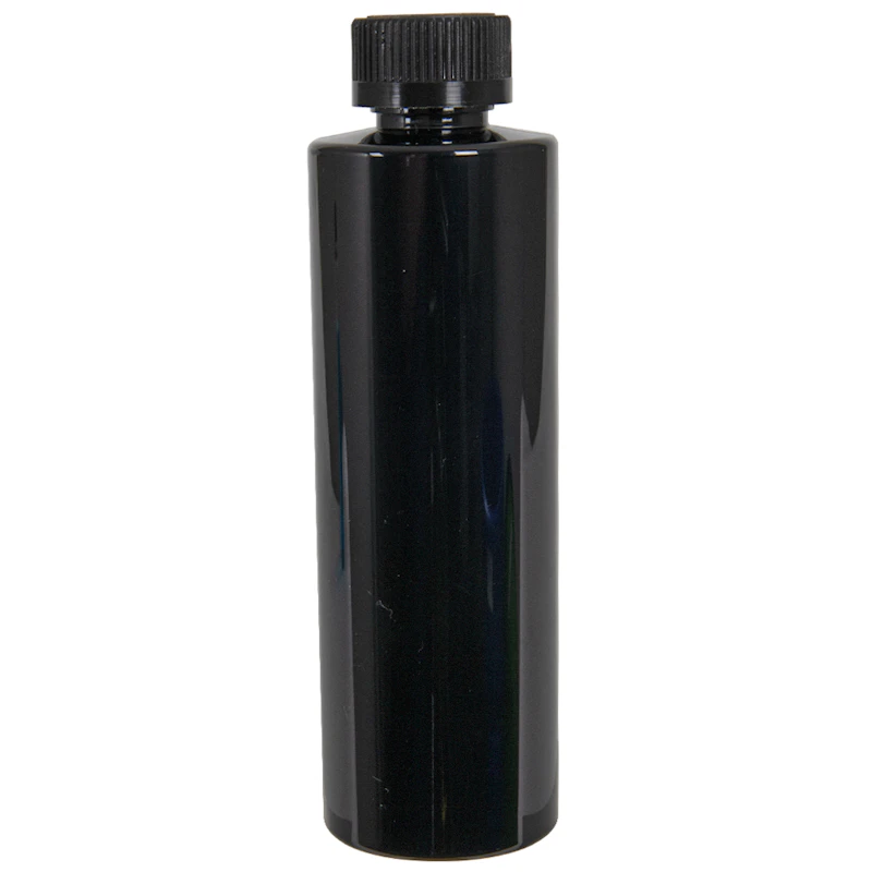 8 oz. Black PET Cylindrical Bottle with 24/400 Black Ribbed Child-Resistant Cap (CRC) with F217 Liner