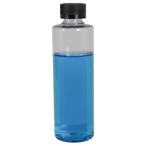 8 oz. Clear PET Cylindrical Bottle with 24/400 Black Ribbed CRC Cap with F217 Liner