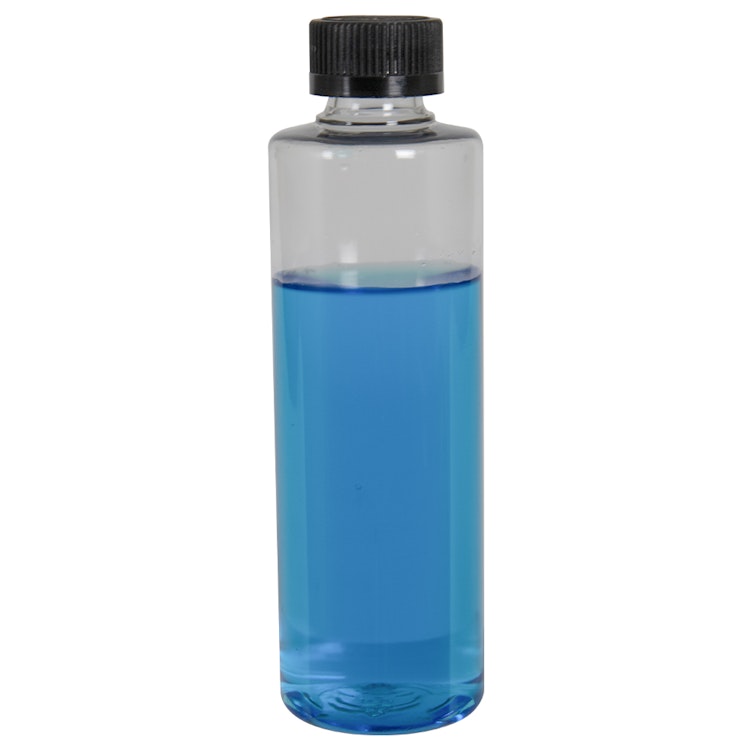 8 oz. Clear PET Cylindrical Bottle with 24/400 Black Ribbed CRC Cap with F217 Liner