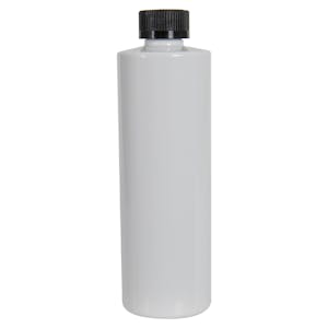 12 oz. White PET Cylindrical Bottle with 24/400 Black Ribbed CRC Cap with F217 Liner