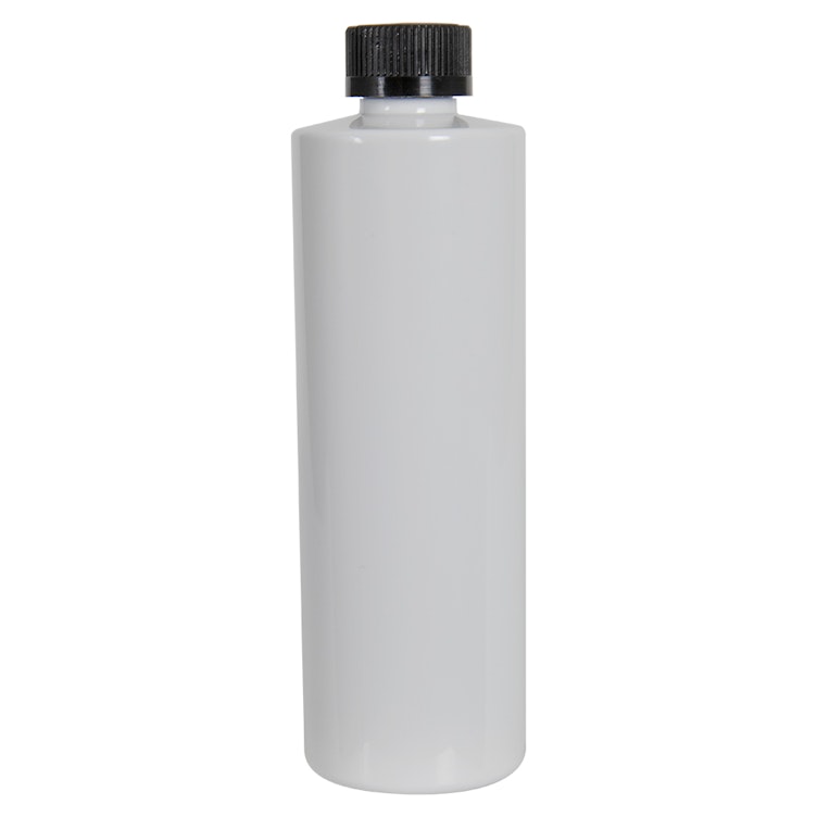 12 oz. White PET Cylindrical Bottle with 24/400 Black Ribbed CRC Cap with F217 Liner