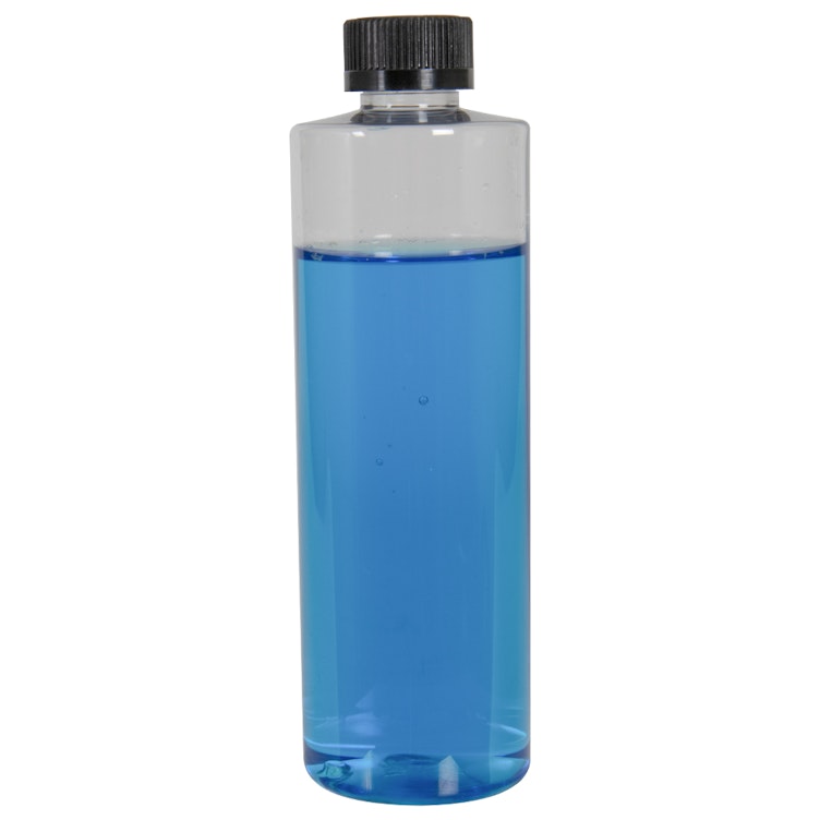 12 oz. Clear PET Cylindrical Bottle with 24/400 Black Ribbed CRC Cap with F217 Liner