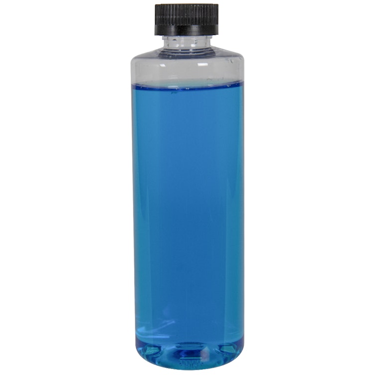 16 oz. Clear PET Cylindrical Bottle with 28/400 Black Ribbed CRC Cap with F217 Liner