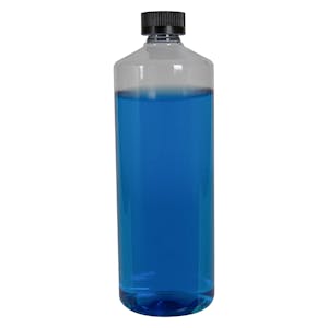32 oz. Clear PET Cylindrical Bottle with 28/400 Black Ribbed CRC Cap with F217 Liner
