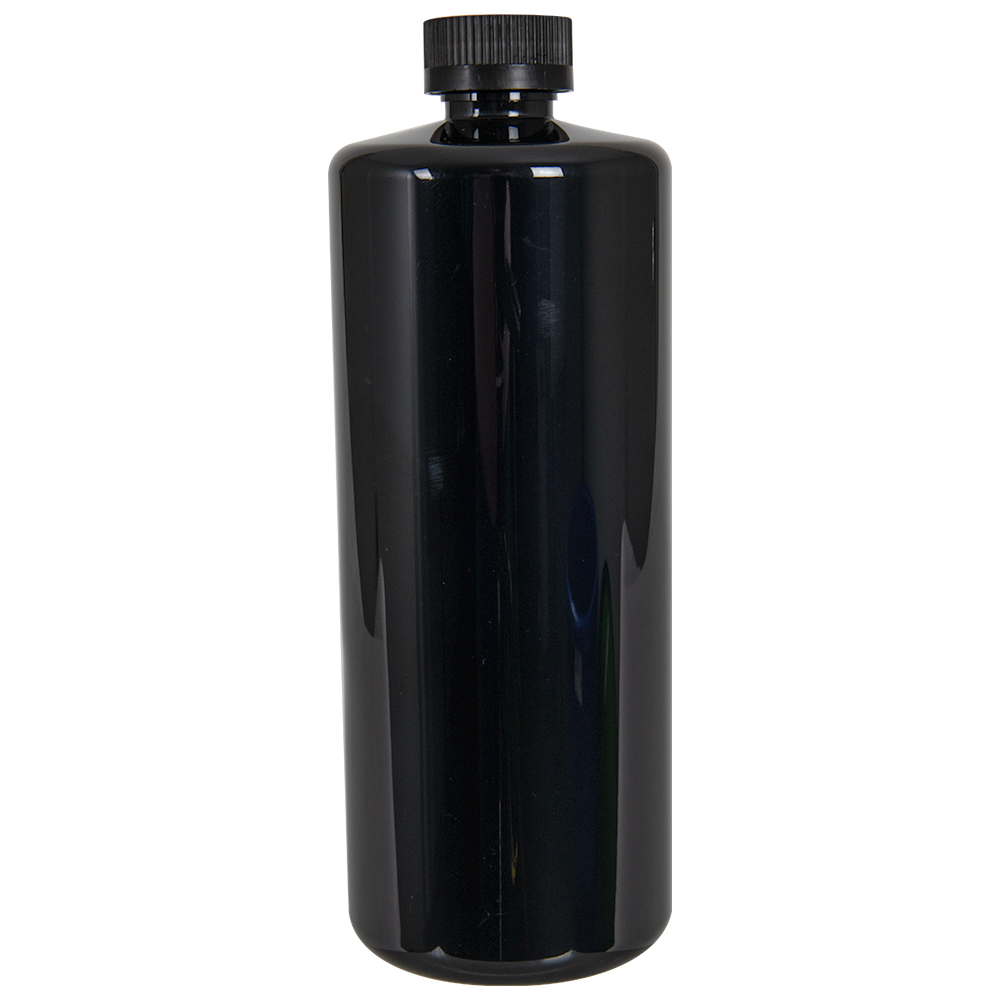 8 oz. Black PET Cylindrical Bottle with 24/400 White Ribbed CRC