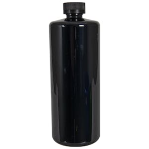 32 oz. Black PET Cylindrical Bottle with 28/400 Black Ribbed CRC Cap with F217 Liner