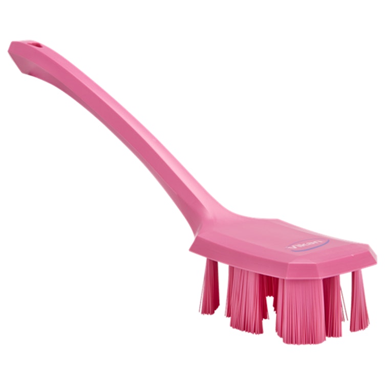 Pink Polypropylene Vikan® UST Hand Brush with Stiff Polyester Bristles & Long Handle