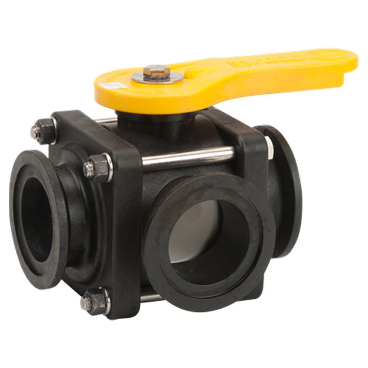2" Manifold Flange Side Load Banjo® Full Port 3-Way Polypropylene Ball Valve with Straight Handle