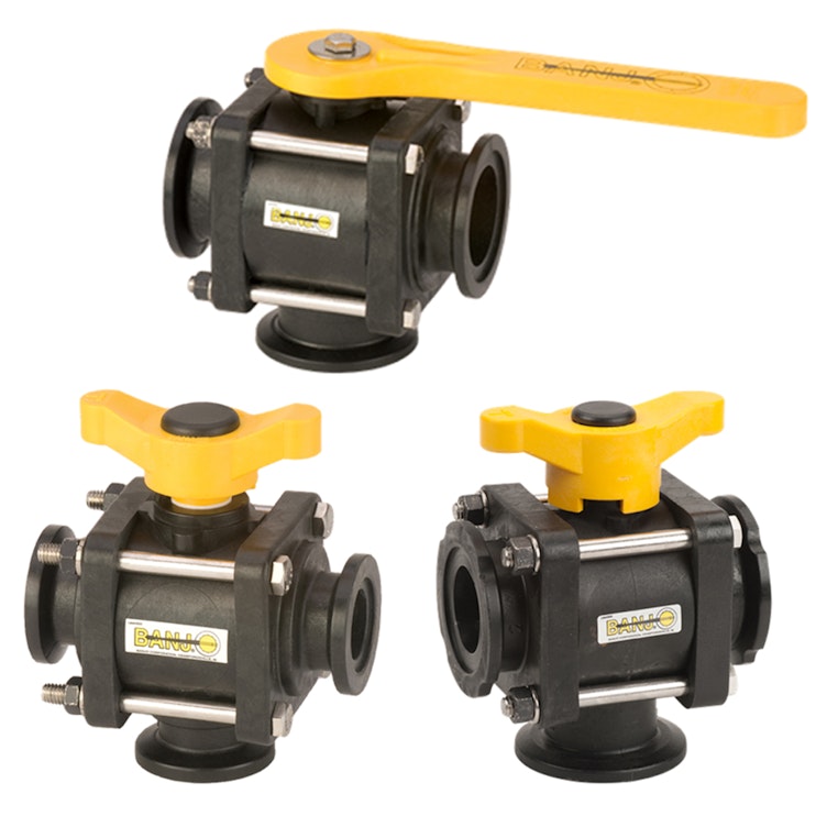 Banjo® Manifold Flange 3-Way Polypropylene Bottom Load Ball Valves