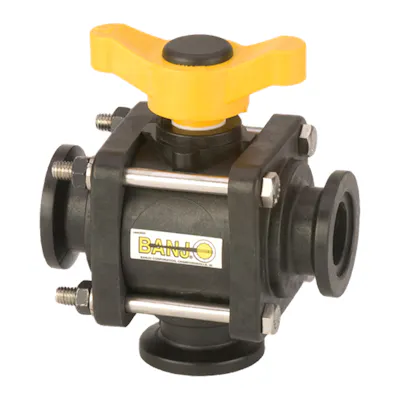 1" Manifold Flange Bottom Load Banjo® Full Port 3-Way Polypropylene Ball Valve with T-Type Handle