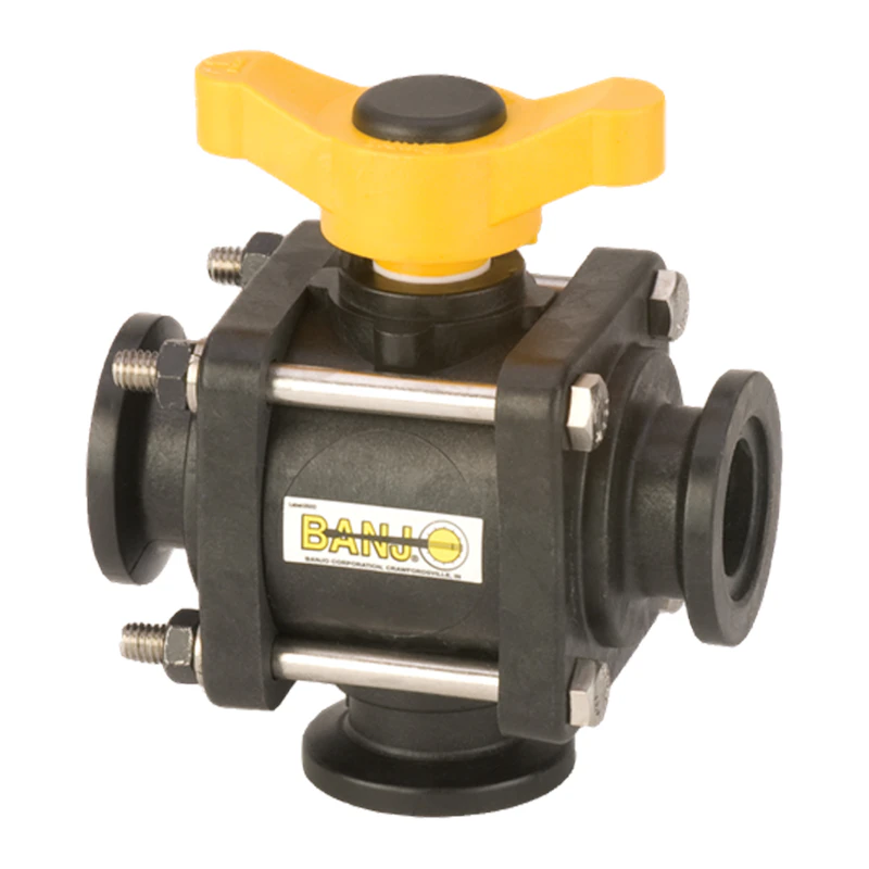 1" Manifold Flange Bottom Load Banjo® Full Port 3-Way Polypropylene Ball Valve with T-Type Handle