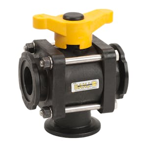 2" Manifold Flange Bottom Load Banjo® Standard Port 3-Way Polypropylene Ball Valve with T-Type Handle