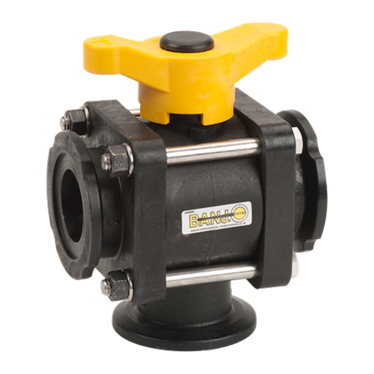 2" Manifold Flange Bottom Load Banjo® Standard Port 3-Way Polypropylene Ball Valve with T-Type Handle