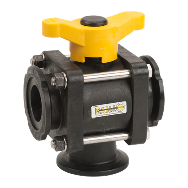 2" Manifold Flange Bottom Load Banjo® Standard Port 3-Way Polypropylene Ball Valve with T-Type Handle