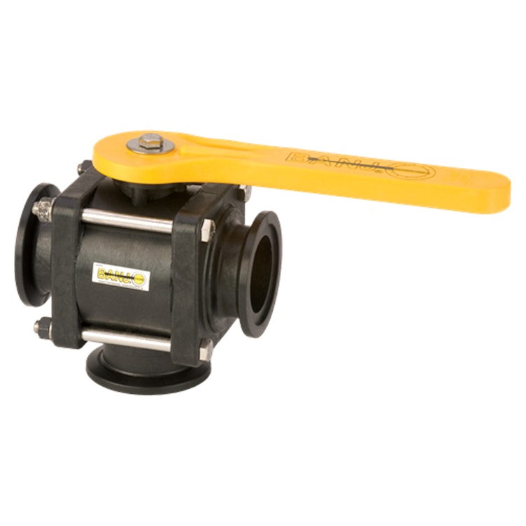 2" Manifold Flange Bottom Load Banjo® Full Port 3-Way Polypropylene Ball Valve with Straight Handle
