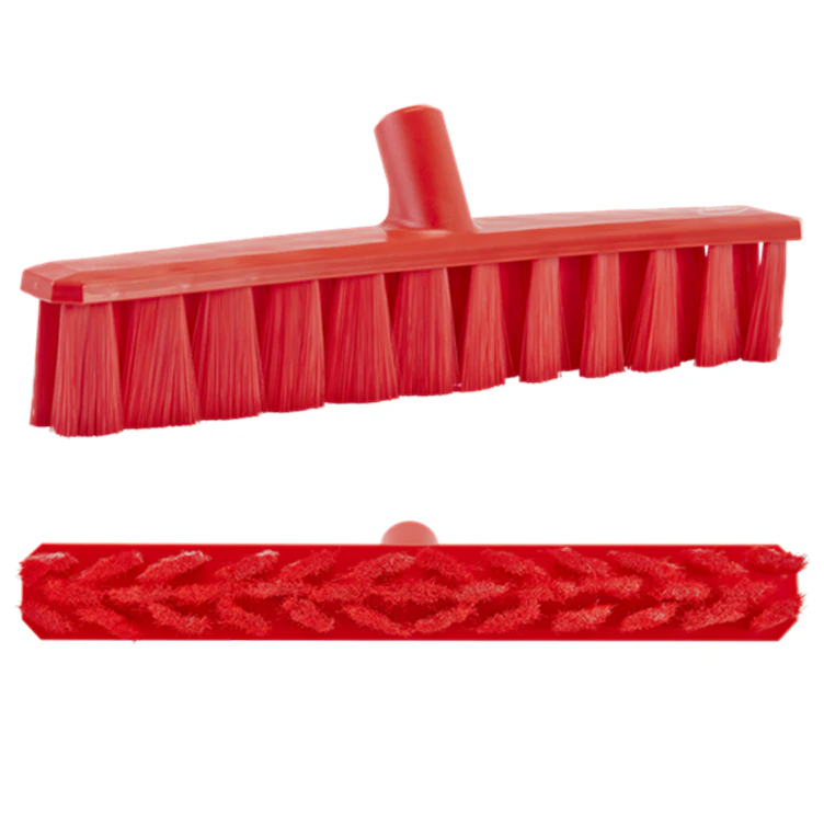 15.7" Red Polypropylene Vikan® UST Push Broom with Soft Bristles & 51.2" Red Ultra Hygienic Handle