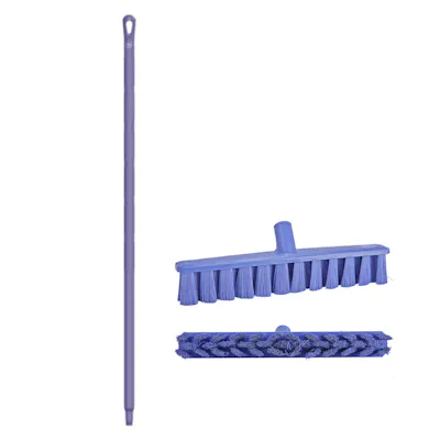 15.7" Purple Polypropylene Vikan® UST Push Broom with Soft Bristles & 51.2" Purple Ultra Hygienic Handle