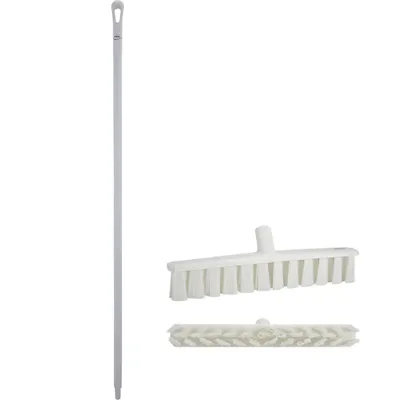 15.7" White Polypropylene Vikan® UST Push Broom with Soft Bristles & 59.1" White Ultra Hygienic Handle