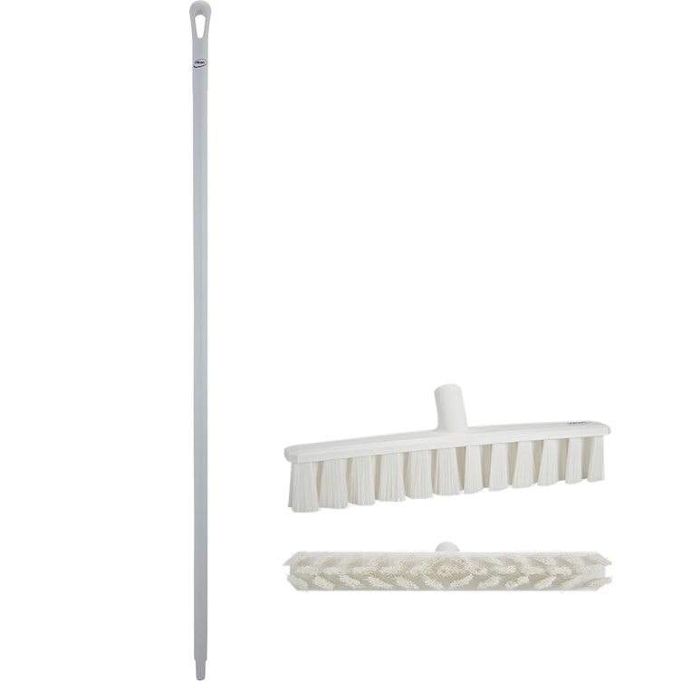 15.7" White Polypropylene Vikan® UST Push Broom with Soft Bristles & 59" White Ultra Hygienic Handle