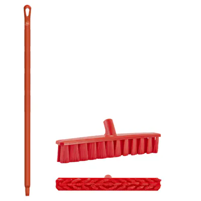 15.7" Red Polypropylene Vikan® UST Push Broom with Soft Bristles & 66.9" Red Ultra Hygienic Handle
