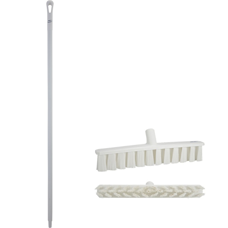 15.7" White Polypropylene Vikan® UST Push Broom with Soft Bristles & 67" White Ultra Hygienic Handle